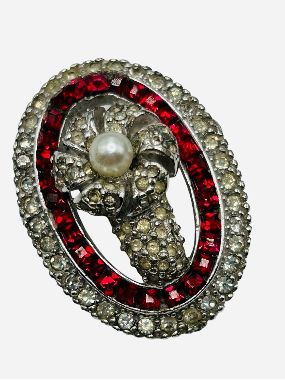 Vintage Ciner Invisible Set Ruby Rhinestone Faux Pearl Flower Brooch
